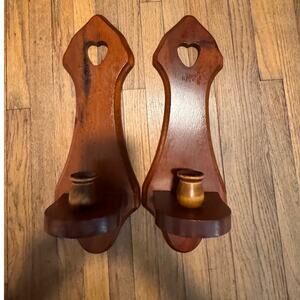 Vintage Wooden Wall Sconces Pair Heart Cutout Rustic Candle Holders 14” Tall